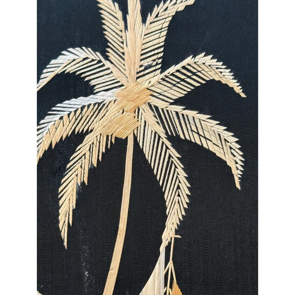 Vintage 60s Set of 2 Bamboo Straw Rice Art Tropical Hut Sailboat Wall Decor